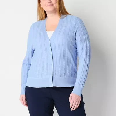 Liz Claiborne Womens Long Sleeve Button Plus Cardigan