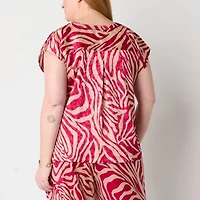 Liz Claiborne Womens Plus Split Crew Neck Short Sleeve Satin Blouse