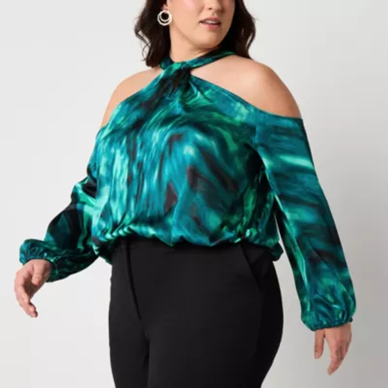 Bold Elements Womens Keyhole Neck Long Sleeve Satin Plus Blouse