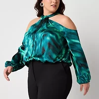 Bold Elements Womens Keyhole Neck Long Sleeve Satin Plus Blouse