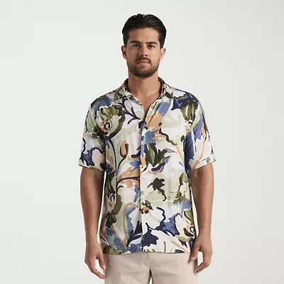 Cubavera Watercolor Painting Print Mens Short Sleeve Regular Fit Button-Down Shirt