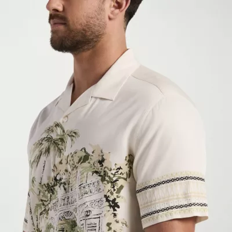 Cubavera Scenic Border Print Mens Short Sleeve Regular Fit Button-Down Shirt