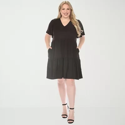 White Mark V-Neck Short Sleeve Womens Plus A-Line Dress