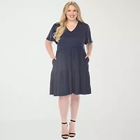 White Mark V-Neck Short Sleeve Womens Plus V Neck A-Line Dress
