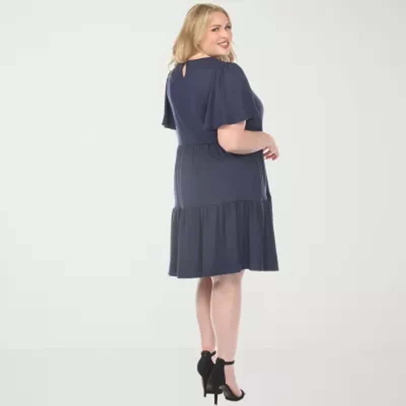 White Mark V-Neck Short Sleeve Womens Plus V Neck A-Line Dress