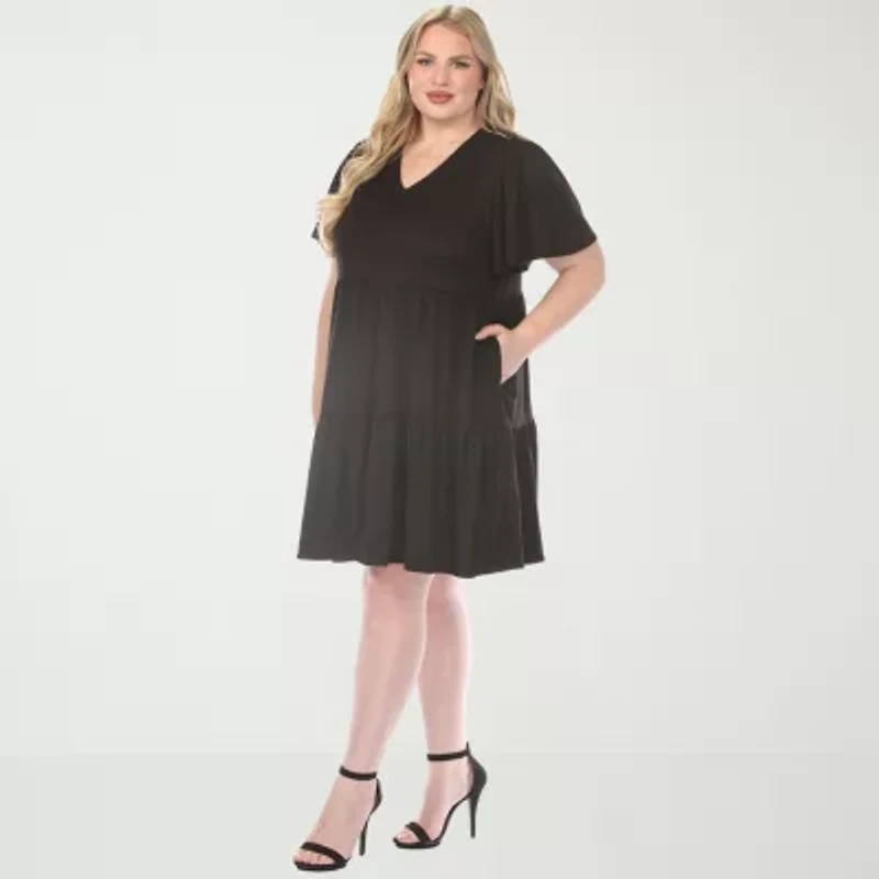 White Mark V-Neck Short Sleeve Womens Plus A-Line Dress