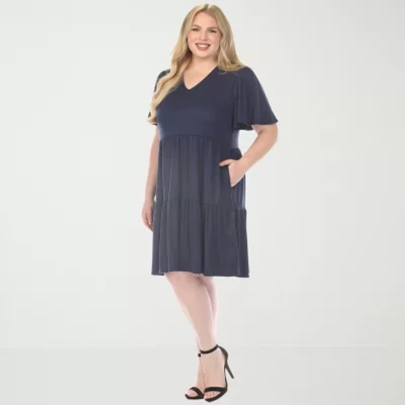 White Mark V-Neck Short Sleeve Womens Plus V Neck A-Line Dress