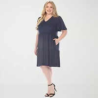White Mark V-Neck Short Sleeve Womens Plus V Neck A-Line Dress