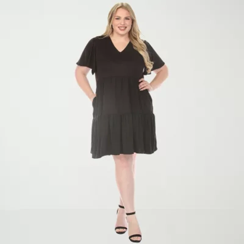 White Mark V-Neck Short Sleeve Womens Plus A-Line Dress