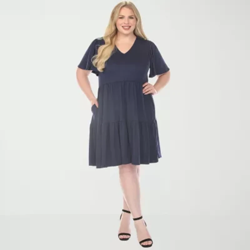 White Mark V-Neck Short Sleeve Womens Plus V Neck A-Line Dress