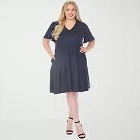 White Mark V-Neck Short Sleeve Womens Plus V Neck A-Line Dress