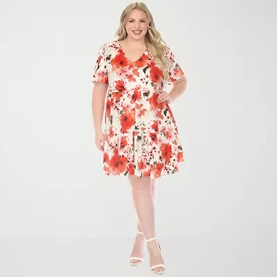White Mark Womens Plus Short Sleeve Floral A-Line Dress