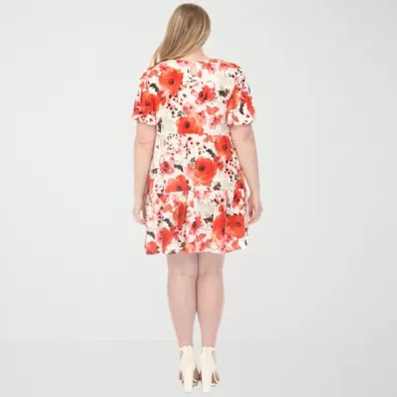 White Mark Womens Plus Short Sleeve Floral A-Line Dress