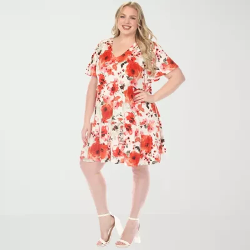 White Mark Womens Plus Short Sleeve Floral A-Line Dress