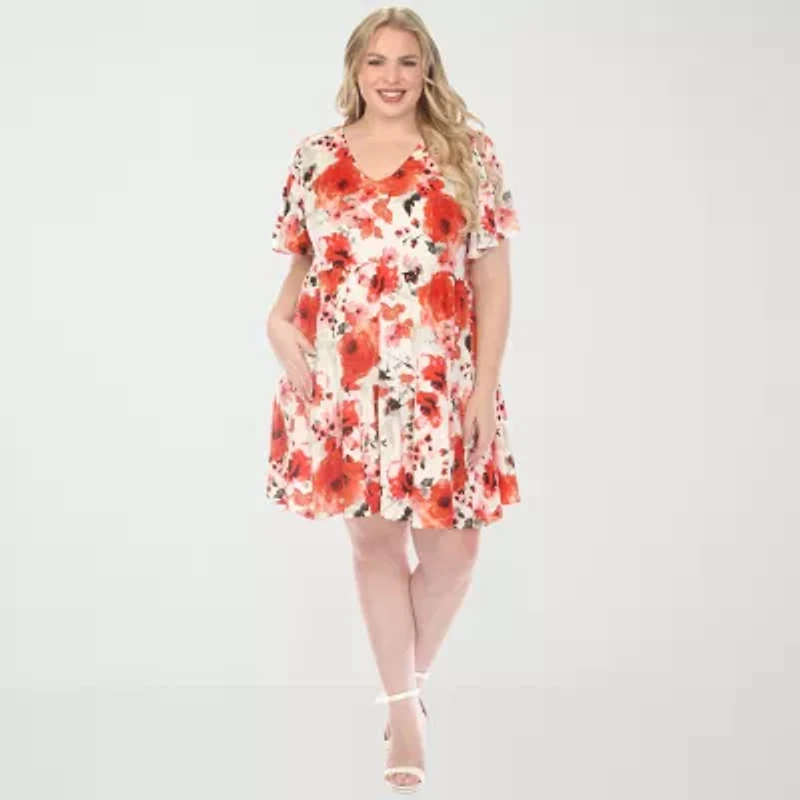 White Mark Womens Plus Short Sleeve Floral A-Line Dress