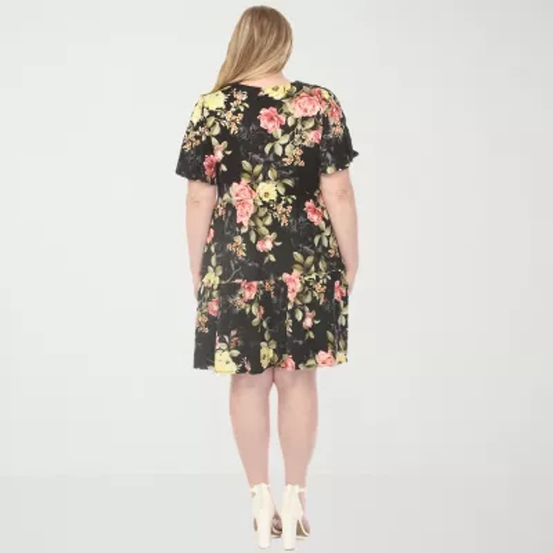 White Mark V-Neck Tropical Flower Short Sleeve Womens Plus Floral A-Line Dress