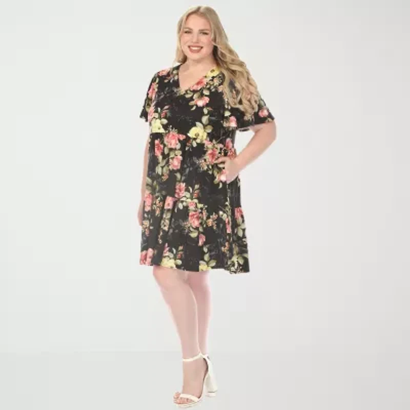 White Mark V-Neck Tropical Flower Short Sleeve Womens Plus Floral A-Line Dress