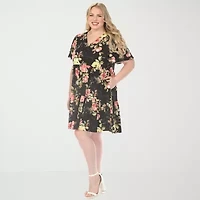 White Mark V-Neck Tropical Flower Short Sleeve Womens Plus Floral A-Line Dress