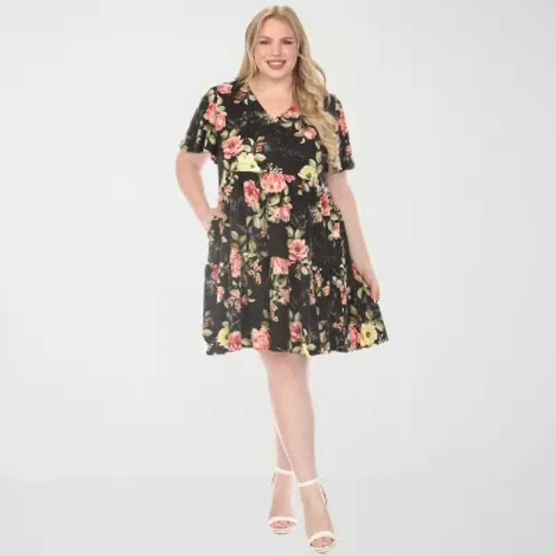 White Mark V-Neck Tropical Flower Short Sleeve Womens Plus Floral A-Line Dress