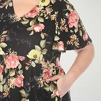 White Mark V-Neck Tropical Flower Short Sleeve Womens Plus Floral A-Line Dress