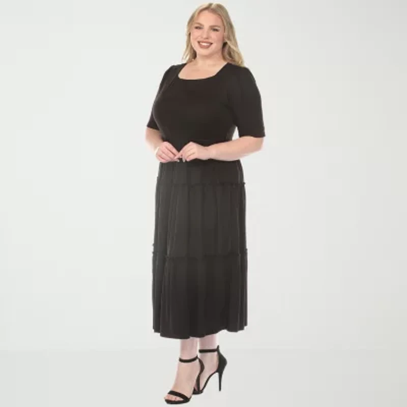 White Mark Square Neck Short Sleeve Tiered Womens Plus Elbow Maxi Dress