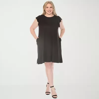 White Mark Crew Neck Ruffle Sleeve Womens Plus Short Shift Dress
