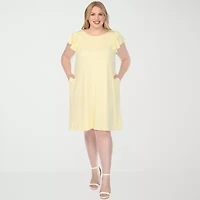 White Mark Crew Neck Ruffle Sleeve Womens Plus Short Shift Dress