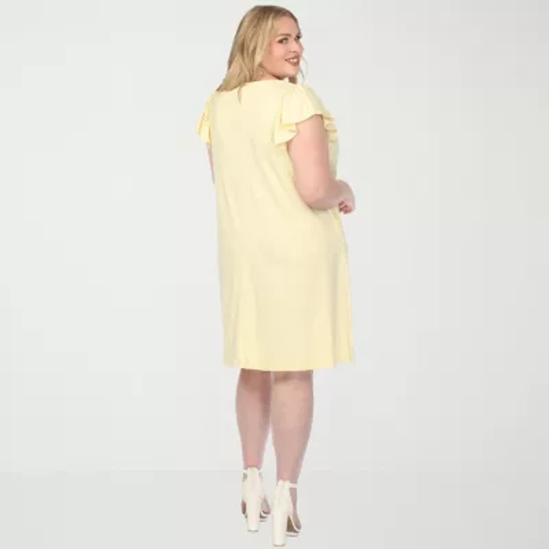 White Mark Crew Neck Ruffle Sleeve Womens Plus Short Shift Dress