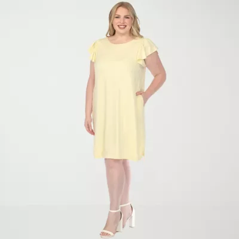 White Mark Crew Neck Ruffle Sleeve Womens Plus Short Shift Dress