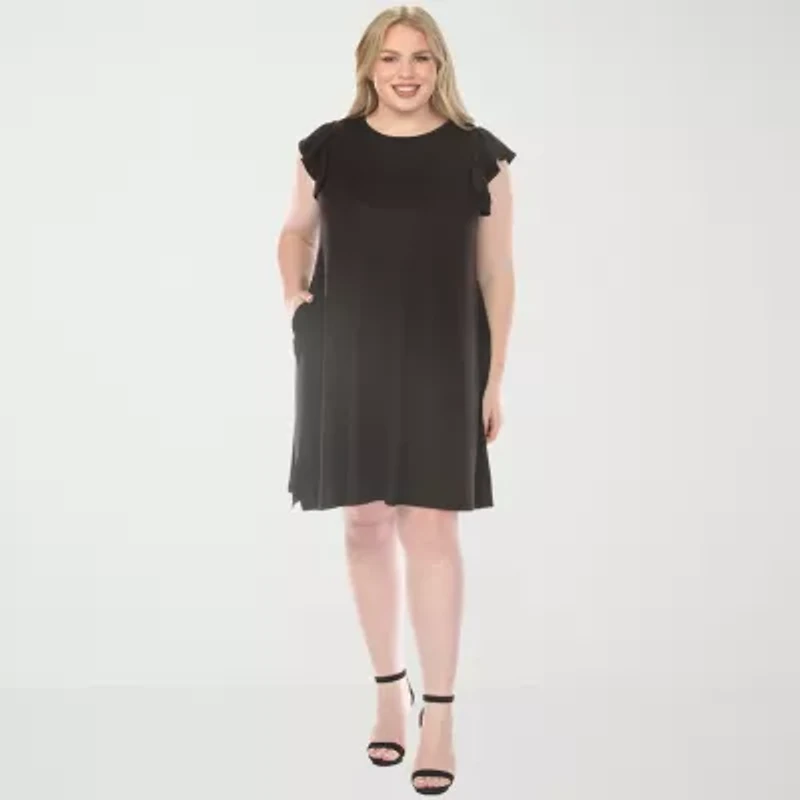 White Mark Crew Neck Ruffle Sleeve Womens Plus Short Shift Dress