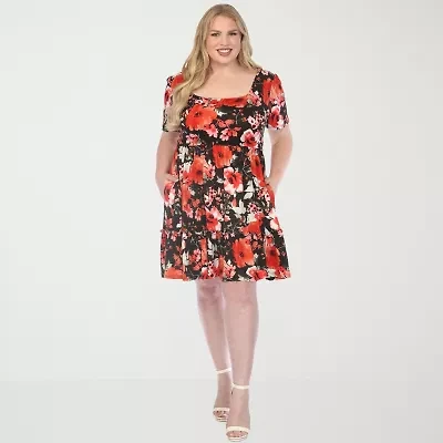 White Mark Womens Plus Short Sleeve Floral Fit + Flare Dress