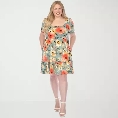 White Mark Womens Plus Short Sleeve Floral Fit + Flare Dress