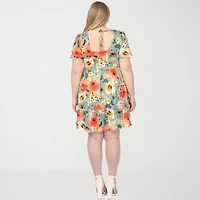 White Mark Womens Plus Short Sleeve Floral Fit + Flare Dress