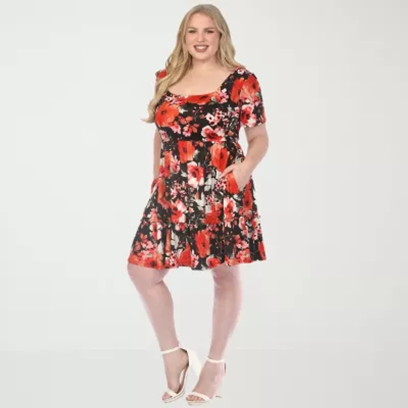 White Mark Womens Plus Short Sleeve Floral Fit + Flare Dress