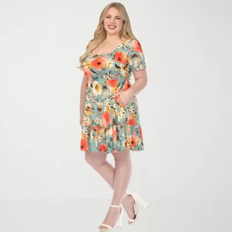 White Mark Womens Plus Short Sleeve Floral Fit + Flare Dress