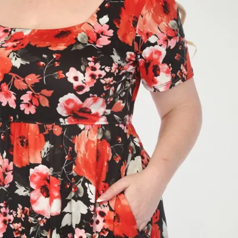White Mark Womens Plus Short Sleeve Floral Fit + Flare Dress