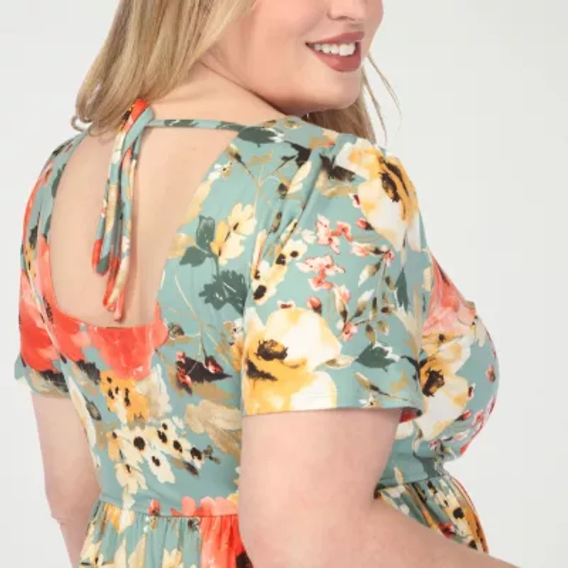 White Mark Womens Plus Short Sleeve Floral Fit + Flare Dress