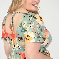 White Mark Womens Plus Short Sleeve Floral Fit + Flare Dress