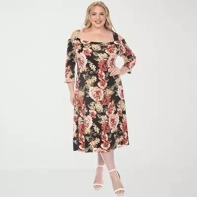 White Mark Womens Plus 3/4 Sleeve Midi Floral A-Line Dress