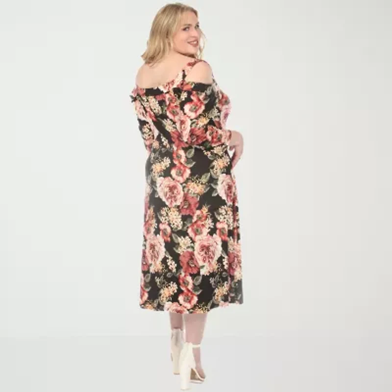 White Mark Womens Plus 3/4 Sleeve Midi Floral A-Line Dress