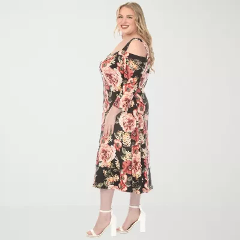 White Mark Womens Plus 3/4 Sleeve Midi Floral A-Line Dress