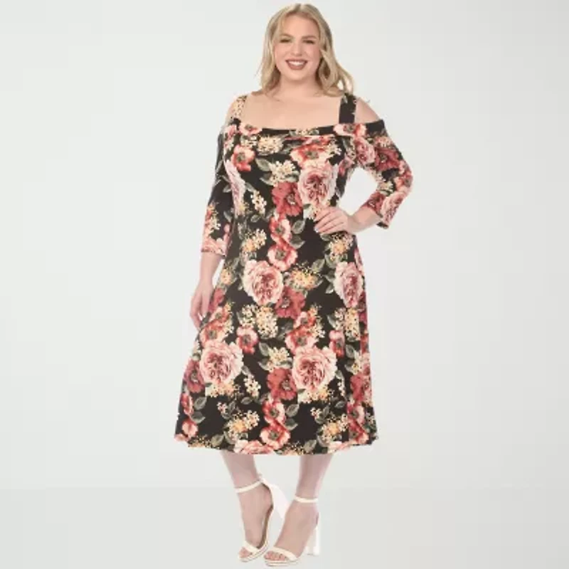 White Mark Womens Plus 3/4 Sleeve Midi Floral A-Line Dress