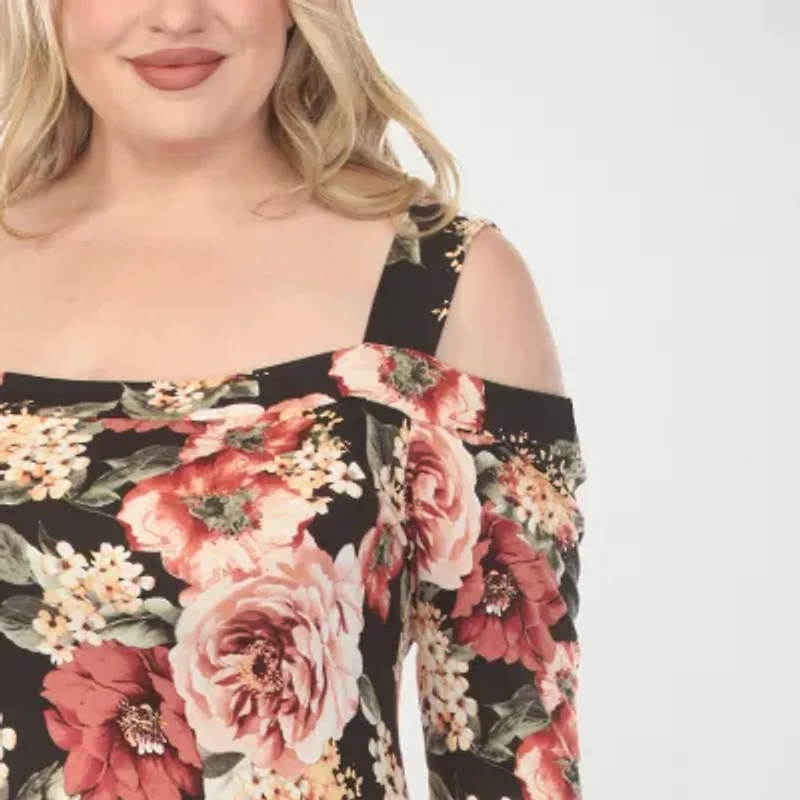 White Mark Womens Plus 3/4 Sleeve Midi Floral A-Line Dress