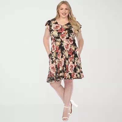 White Mark V-Neck Womens Plus Short Sleeve Floral Empire Waist Dress