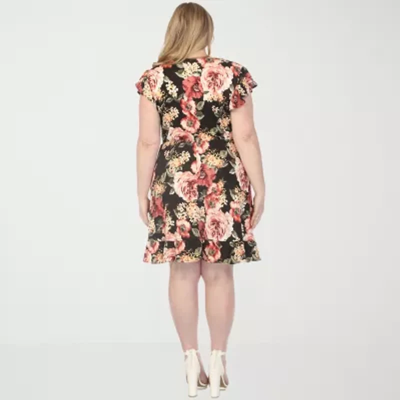 White Mark V-Neck Womens Plus Short Sleeve Floral Empire Waist Dress