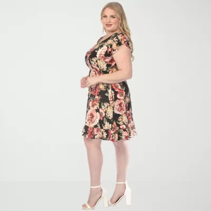 White Mark V-Neck Womens Plus Short Sleeve Floral Empire Waist Dress