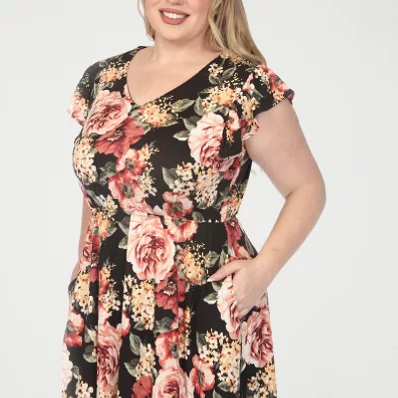 White Mark V-Neck Womens Plus Short Sleeve Floral Empire Waist Dress