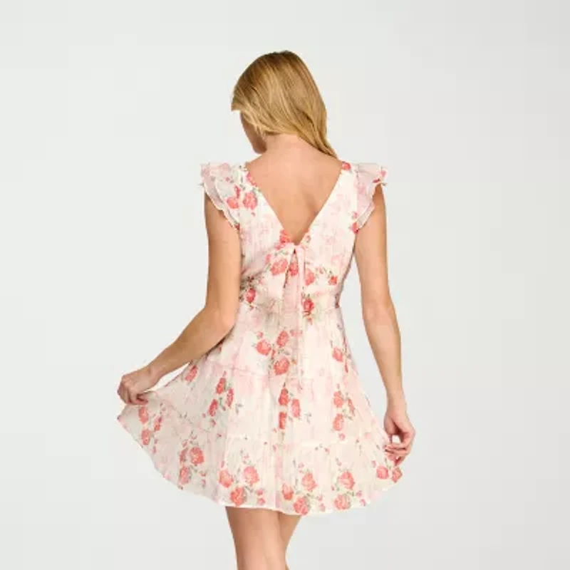 Trixxi Womens Juniors V Neck Short Sleeve Babydoll Dress