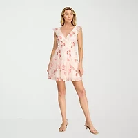 Trixxi Womens Juniors V Neck Short Sleeve Babydoll Dress