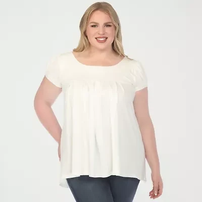 White Mark Plus Cap Sleeve Pleated Womens Boat Neck Short Tunic Top